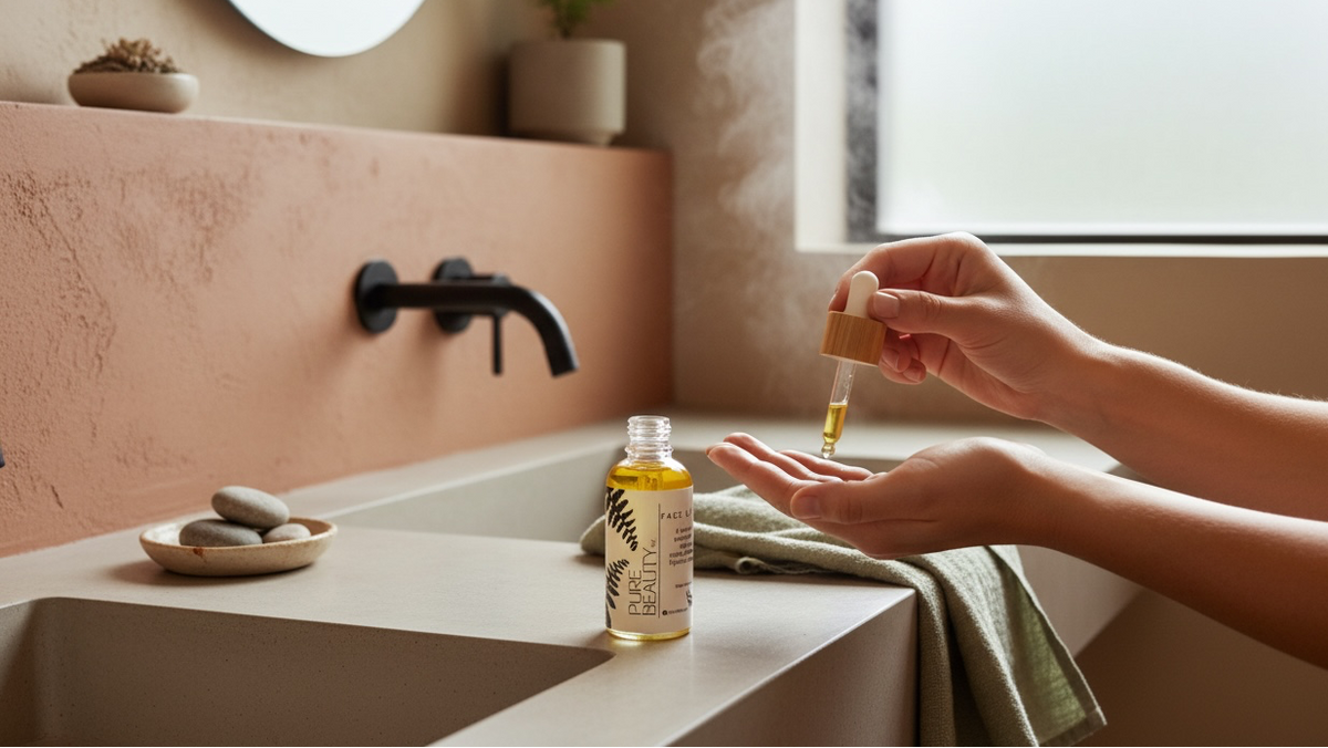 A person's hands hold a dropper above a small bottle of facial serum on a bathroom counter, with a sink, wall, mirror, and window in the background.